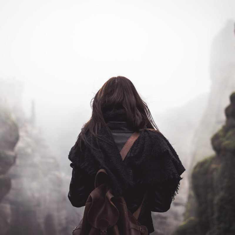 woman carrying brown backpack standing in front of mountains during daytime